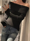 GETADME Autumn Winter Solid Color Rib Knitted Off the Shoulder Pullover Sweater Sexy Women Full Sleeve Slim Stretch Knitwear Jumper