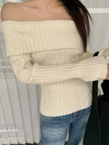 GETADME Autumn Winter Solid Color Rib Knitted Off the Shoulder Pullover Sweater Sexy Women Full Sleeve Slim Stretch Knitwear Jumper