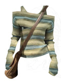 GETADME Autumn Winter Woman Vintage Y2k Jerseys Sweater Long Sleeve Slash Neck Striped Pullovers Gyaru Knitwears 2000s Aesthetic Jumper