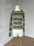 GETADME Autumn Winter Woman Vintage Y2k Jerseys Sweater Long Sleeve Slash Neck Striped Pullovers Gyaru Knitwears 2000s Aesthetic Jumper