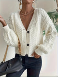 GETADME Autumn Winter white Ribbed Knit cardigan for women Clothes Single Breasted V Lapel Long Sleeve Knitted Buttons-up Sweater jumper