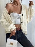 GETADME Autumn Winter white Ribbed Knit cardigan for women Clothes Single Breasted V Lapel Long Sleeve Knitted Buttons-up Sweater jumper