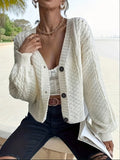 GETADME Autumn Winter white Ribbed Knit cardigan for women Clothes Single Breasted V Lapel Long Sleeve Knitted Buttons-up Sweater jumper