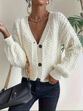 GETADME Autumn Winter white Ribbed Knit cardigan for women Clothes Single Breasted V Lapel Long Sleeve Knitted Buttons-up Sweater jumper
