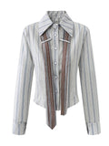 GETADME Autumn Women Vintage Preppy Style 2000s Aesthetic Striped Shirts With Tie Design Long Sleeve Blouses Crop Tops Y2k Streetwear