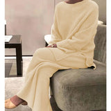 GETADME 가을/겨울 패션 캐주얼 O넥 풀오버 탑 니트 팬츠 신상품 홈웨어 파자마 겨울 솔리드 여성 투피스 세트 홈웨어