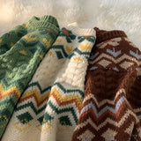 GETADME Avocado Green Sweater Men's Japanese Languid Vintage Knitted Top Men's Fairy Island Striped Couple Sweater Oversize Sweater