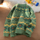 GETADME Avocado Green Sweater Men's Japanese Languid Vintage Knitted Top Men's Fairy Island Striped Couple Sweater Oversize Sweater