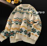 GETADME Avocado Green Sweater Men's Japanese Languid Vintage Knitted Top Men's Fairy Island Striped Couple Sweater Oversize Sweater