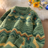 GETADME Avocado Green Sweater Men's Japanese Languid Vintage Knitted Top Men's Fairy Island Striped Couple Sweater Oversize Sweater