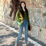 GETADME Avocado Green V-neck Cardigan Sweater for Women's Spring Autumn Solid Color Lazy Style Retro Knitted Sweater Jacket for Women