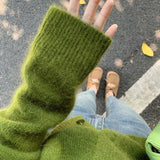 GETADME Avocado Green V-neck Cardigan Sweater for Women's Spring Autumn Solid Color Lazy Style Retro Knitted Sweater Jacket for Women