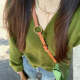 GETADME Avocado Green V-neck Cardigan Sweater for Women's Spring Autumn Solid Color Lazy Style Retro Knitted Sweater Jacket for Women