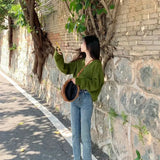 GETADME Avocado Green V-neck Cardigan Sweater for Women's Spring Autumn Solid Color Lazy Style Retro Knitted Sweater Jacket for Women