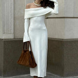 GETADME 2024 Knitted Sweater Dress For Women Autumn Winter Elegant Slash Neck Long Flare Sleeved High Waist Split Maxi Street Dress