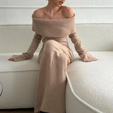 GETADME 2024 Knitted Sweater Dress For Women Autumn Winter Elegant Slash Neck Long Flare Sleeved High Waist Split Maxi Street Dress
