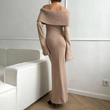 GETADME 2024 Knitted Sweater Dress For Women Autumn Winter Elegant Slash Neck Long Flare Sleeved High Waist Split Maxi Street Dress