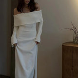 GETADME 2024 Knitted Sweater Dress For Women Autumn Winter Elegant Slash Neck Long Flare Sleeved High Waist Split Maxi Street Dress