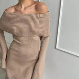 GETADME 2024 Knitted Sweater Dress For Women Autumn Winter Elegant Slash Neck Long Flare Sleeved High Waist Split Maxi Street Dress