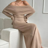 GETADME 2024 Knitted Sweater Dress For Women Autumn Winter Elegant Slash Neck Long Flare Sleeved High Waist Split Maxi Street Dress