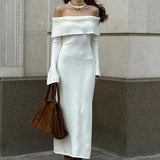 GETADME 2024 Knitted Sweater Dress For Women Autumn Winter Elegant Slash Neck Long Flare Sleeved High Waist Split Maxi Street Dress