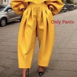 GETADME Beautyblue 우아한 여성 세트 노란색 투피스 세트 캐주얼 단추 플리츠 라펠 블라우스 플리츠 포켓 바지 여성 정장