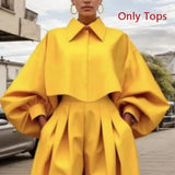GETADME Beautyblue 우아한 여성 세트 노란색 투피스 세트 캐주얼 단추 플리츠 라펠 블라우스 플리츠 포켓 바지 여성 정장