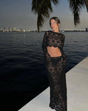 GETADME Black Beach Skirt Sets Women Sexy Hollow Out Slim Holiday Two Piece Set Autumn Long Sleeve Crop Top and Maxi Skirt Outfits 2025