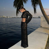 GETADME Black Beach Skirt Sets Women Sexy Hollow Out Slim Holiday Two Piece Set Autumn Long Sleeve Crop Top and Maxi Skirt Outfits 2025