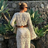 GETADME Black Beach Skirt Sets Women Sexy Hollow Out Slim Holiday Two Piece Set Autumn Long Sleeve Crop Top and Maxi Skirt Outfits 2025