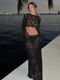 GETADME Black Beach Skirt Sets Women Sexy Hollow Out Slim Holiday Two Piece Set Autumn Long Sleeve Crop Top and Maxi Skirt Outfits 2025