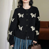 GETADME Black Knitted Cardigan Women Sing-Breasted Puppy O-Neck Loose Casual Sweater Fashion Lazy High Street Harajuku Y2K Tops