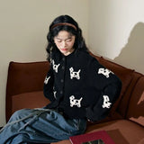 GETADME Black Knitted Cardigan Women Sing-Breasted Puppy O-Neck Loose Casual Sweater Fashion Lazy High Street Harajuku Y2K Tops