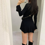 GETADME Black Knitted Mini Dress Women Fashion Sexy V Neck Sweater Dresses Fall Winter Korean Flare Long Sleeve Bodycon Vestidos New