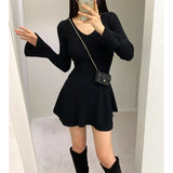 GETADME Black Knitted Mini Dress Women Fashion Sexy V Neck Sweater Dresses Fall Winter Korean Flare Long Sleeve Bodycon Vestidos New