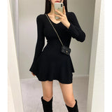 GETADME Black Knitted Mini Dress Women Fashion Sexy V Neck Sweater Dresses Fall Winter Korean Flare Long Sleeve Bodycon Vestidos New
