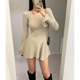 GETADME Black Knitted Mini Dress Women Fashion Sexy V Neck Sweater Dresses Fall Winter Korean Flare Long Sleeve Bodycon Vestidos New