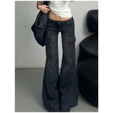 GETADME Black Womens Jeans High Waist Vintage Straight Winter Denim Pants Street Multiple Pockets American Wide Leg Baggy Denim Trouser