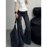GETADME Black Womens Jeans High Waist Vintage Straight Winter Denim Pants Street Multiple Pockets American Wide Leg Baggy Denim Trouser