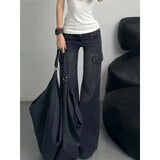 GETADME Black Womens Jeans High Waist Vintage Straight Winter Denim Pants Street Multiple Pockets American Wide Leg Baggy Denim Trouser