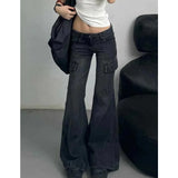 GETADME Black Womens Jeans High Waist Vintage Straight Winter Denim Pants Street Multiple Pockets American Wide Leg Baggy Denim Trouser