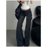 GETADME Black Womens Jeans High Waist Vintage Straight Winter Denim Pants Street Multiple Pockets American Wide Leg Baggy Denim Trouser
