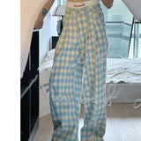 GETADME 블루 앤 화이트 플레드 와이드 레그 팬츠 여성용 초가을 디자인 감각 하이웨이스트 루즈 드레이프 작고 상큼한 캐주얼 슬림 팬츠.