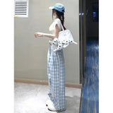 GETADME 블루 앤 화이트 플레드 와이드 레그 팬츠 여성용 초가을 디자인 감각 하이웨이스트 루즈 드레이프 작고 상큼한 캐주얼 슬림 팬츠.