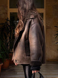 GETADME Bomber Jackets Women Winter Plush Coat Ladies Vintage Lapel Faux Leather Jacket Female Warm Thick Buttons Outerwear Streetwear
