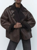 GETADME Bomber Jackets Women Winter Plush Coat Ladies Vintage Lapel Faux Leather Jacket Female Warm Thick Buttons Outerwear Streetwear