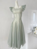 Getadme Bomon French Elegant Princess Fairy Women's Long Dress Mint Green Skirt Swing Evening Dress Casual Romantic Fashion Waist Dress