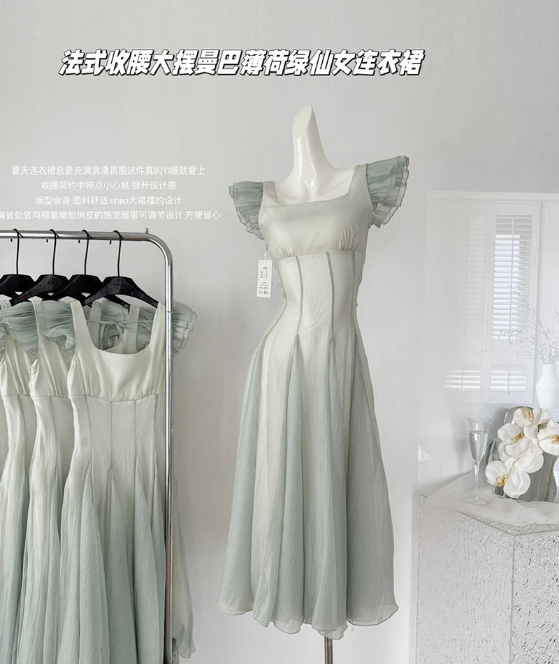 GETADME Bomon French Elegant Princess Fairy Women's Long Dress Mint Green Skirt Swing Evening Dress Casual Romantic Fashion Waist Dress