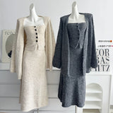 GETADME 보몬 레트로 프린세스 3피스 여성 의류 가을 겨울 신상품 한국 버전 가슴 탑 니트 카디건 스커트 슈트