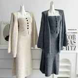 GETADME 보몬 레트로 프린세스 3피스 여성 의류 가을 겨울 신상품 한국 버전 가슴 탑 니트 카디건 스커트 슈트